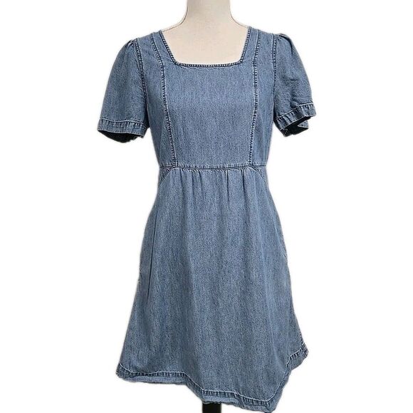 Madewell Denim Fluffer Sleeve Midi Dress Pocket Blue Amberley Women's Size 6 - Picture 1 of 9